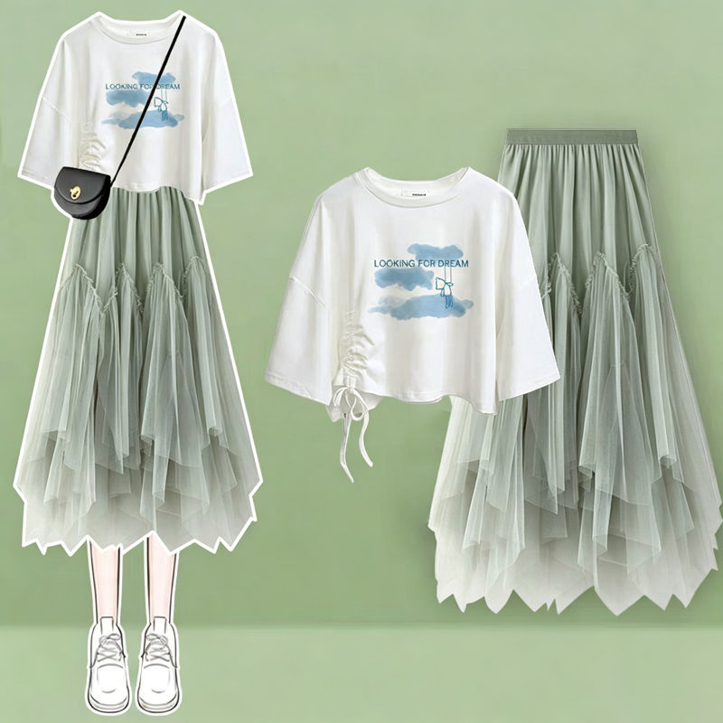  College Style Print Short Sleeve T-shirt Irregular Tulle Skirt Two Pieces Set - Green Set B - XL - image 2