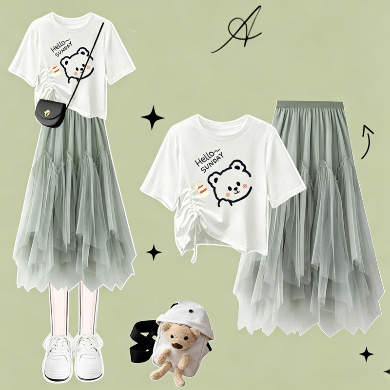  College Style Print Short Sleeve T-shirt Irregular Tulle Skirt Two Pieces Set - Green Set A - XL - image 1