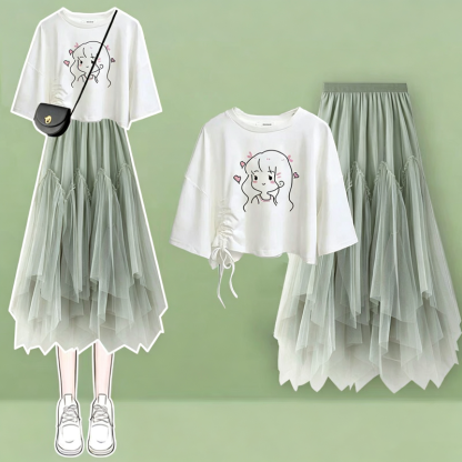  College Style Print Short Sleeve T-shirt Irregular Tulle Skirt Two Pieces Set - Green Set D - XL - image 4