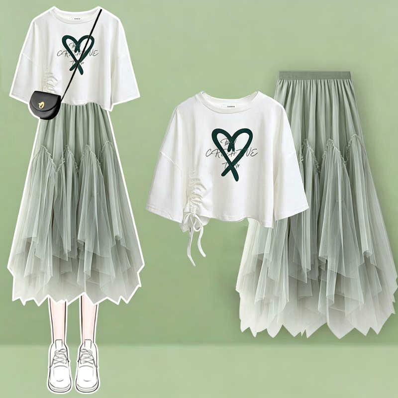  College Style Print Short Sleeve T-shirt Irregular Tulle Skirt Two Pieces Set - Green Set C - XL - image 3