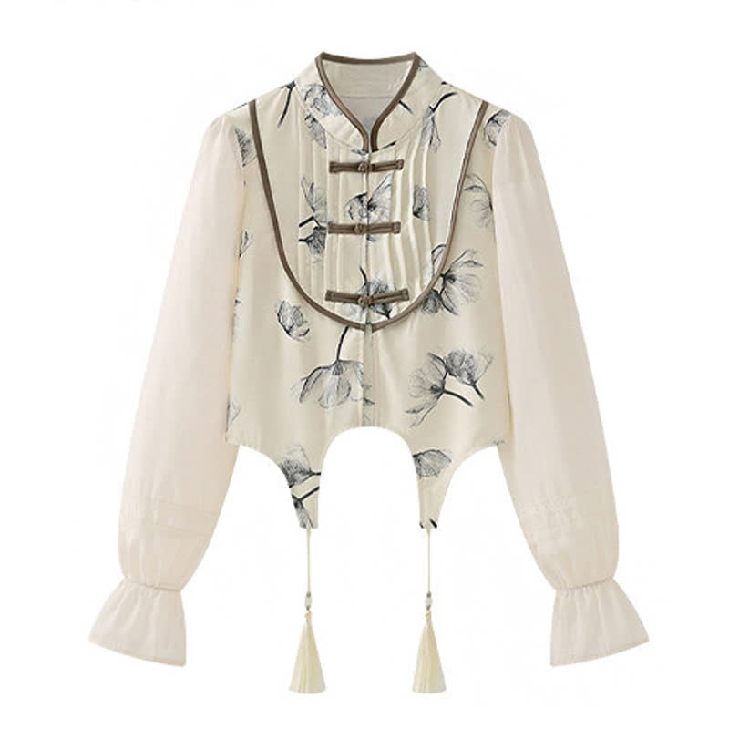 Chinese Style Frog Button Shirt High Waist Vintage Skirt Two Pieces Set - Top - 4XL - image 2
