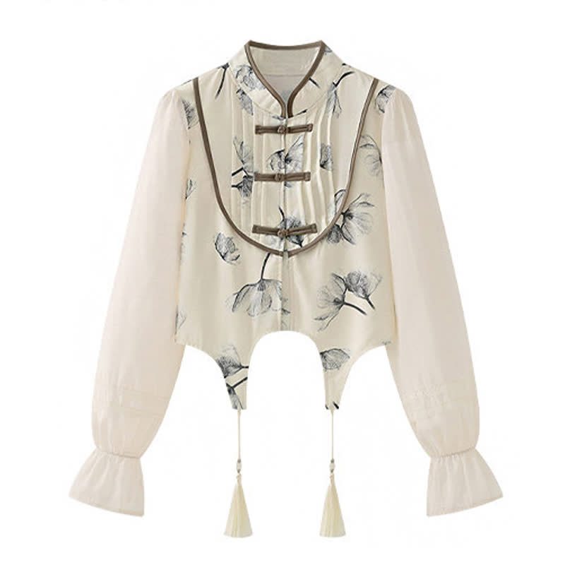 Chinese Style Frog Button Shirt High Waist Vintage Skirt Two Pieces Set - Top - 4XL - image 2
