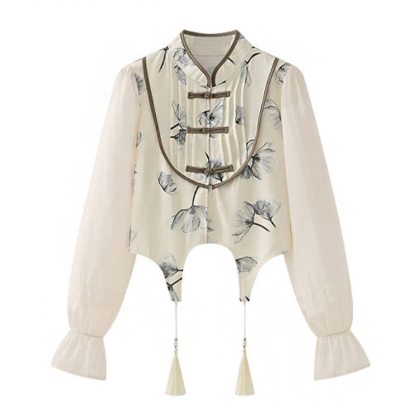 Chinese Style Frog Button Shirt High Waist Vintage Skirt Two Pieces Set - Top - 4XL - image 2