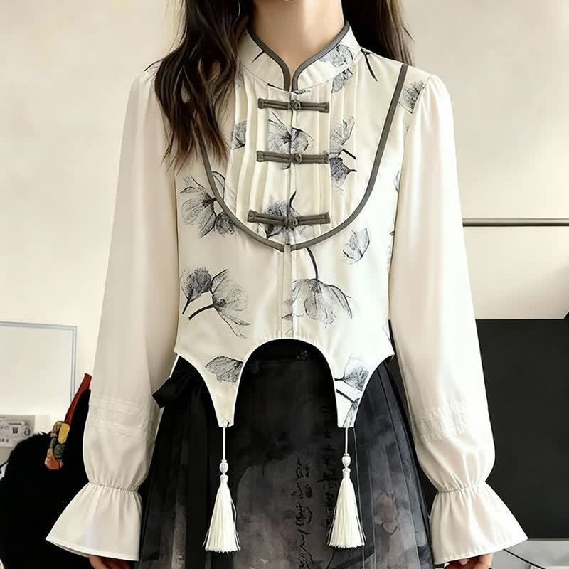 Chinese Style Frog Button Shirt High Waist Vintage Skirt Two Pieces Set - image 3