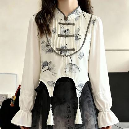 Chinese Style Frog Button Shirt High Waist Vintage Skirt Two Pieces Set - image 3