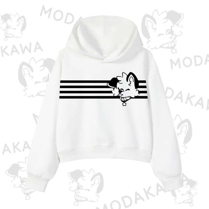 Modakawa Dog Graphic Stripe Cropped Cotton Hoodie - White - 3XL - image 3