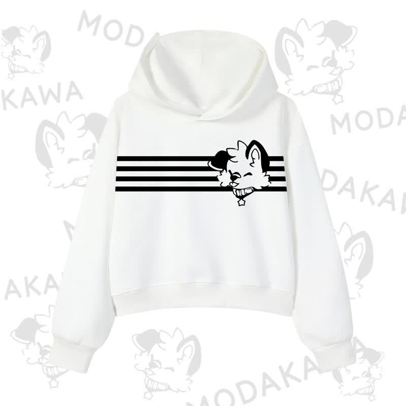 Modakawa Dog Graphic Stripe Cropped Cotton Hoodie - White - 3XL - image 3