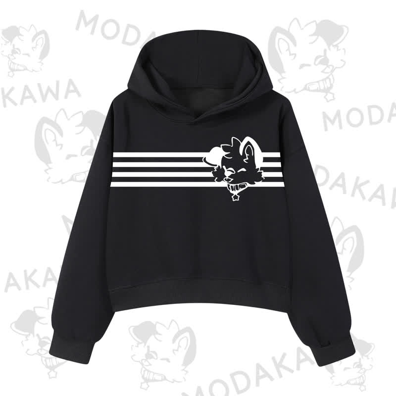 Modakawa Dog Graphic Stripe Cropped Cotton Hoodie - Black - 3XL - image 2