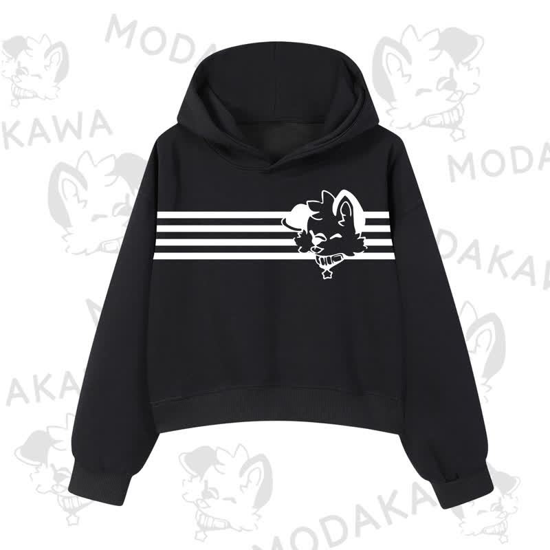 Modakawa Dog Graphic Stripe Cropped Cotton Hoodie - Black - 3XL - image 2