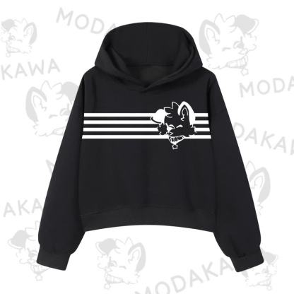 Modakawa Dog Graphic Stripe Cropped Cotton Hoodie - Black - 3XL - image 2