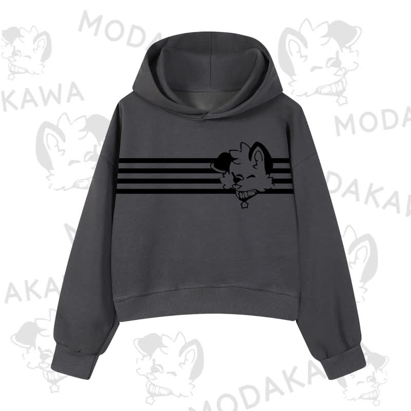 Modakawa Dog Graphic Stripe Cropped Cotton Hoodie - Dark Grey A - 3XL - image 6