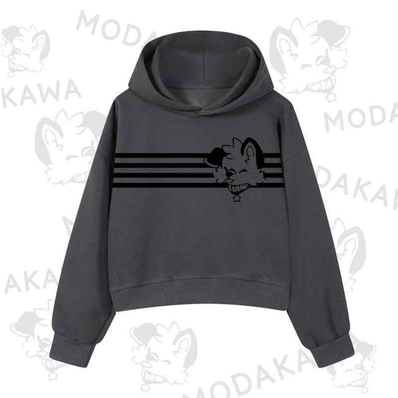Modakawa Dog Graphic Stripe Cropped Cotton Hoodie - Dark Grey A - 3XL - image 6