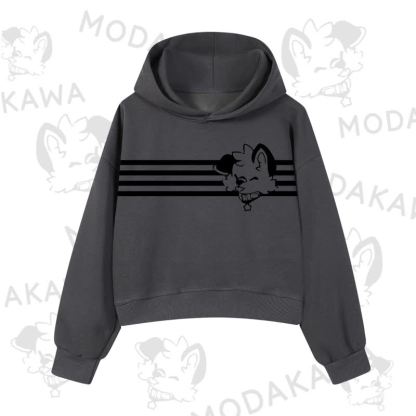 Modakawa Dog Graphic Stripe Cropped Cotton Hoodie - Dark Grey A - 3XL - image 6