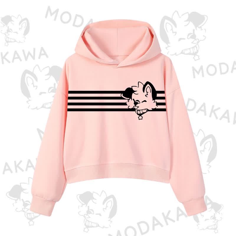 Modakawa Dog Graphic Stripe Cropped Cotton Hoodie - Pink - 3XL - image 4