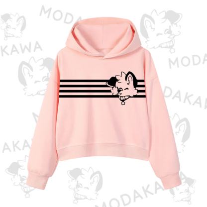 Modakawa Dog Graphic Stripe Cropped Cotton Hoodie - Pink - 3XL - image 4