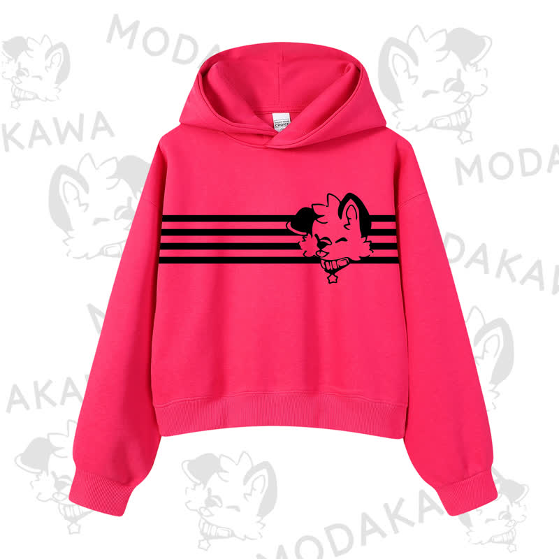 Modakawa Dog Graphic Stripe Cropped Cotton Hoodie - Rose A - 3XL - image 14