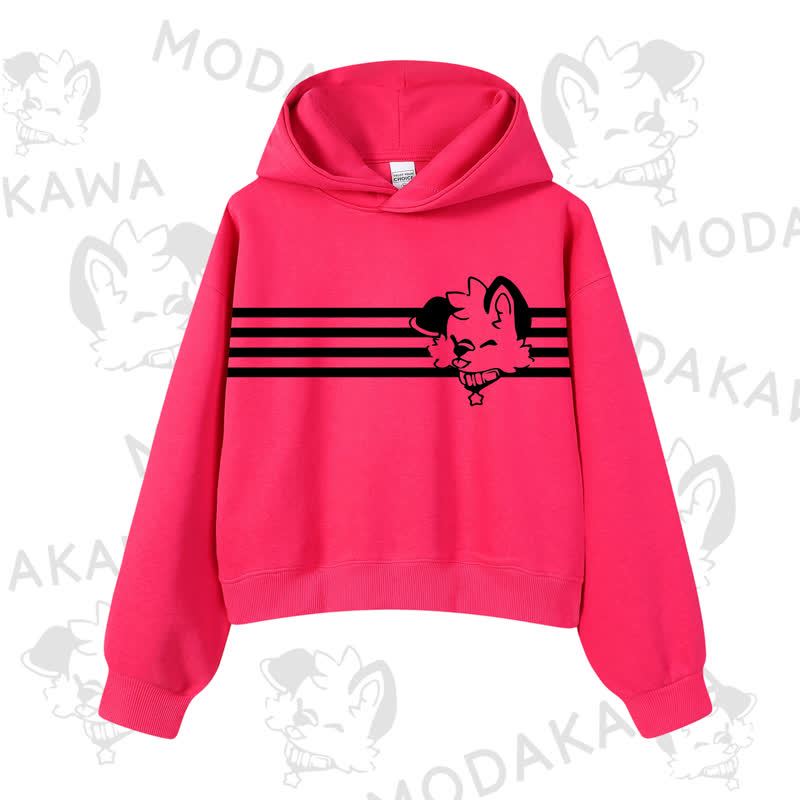 Modakawa Dog Graphic Stripe Cropped Cotton Hoodie - Rose A - 3XL - image 14