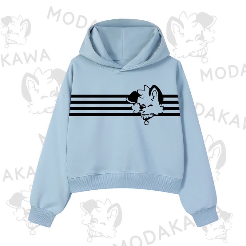 Modakawa Dog Graphic Stripe Cropped Cotton Hoodie - Blue - 3XL - image 5