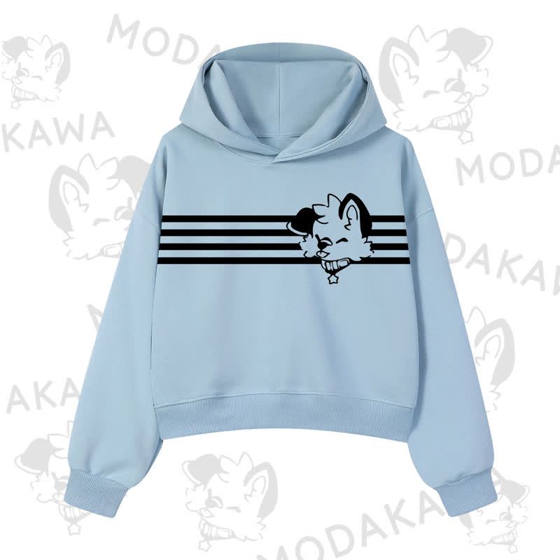 Modakawa Dog Graphic Stripe Cropped Cotton Hoodie - Blue - 3XL - image 5