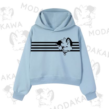 Modakawa Dog Graphic Stripe Cropped Cotton Hoodie - Blue - 3XL - image 5