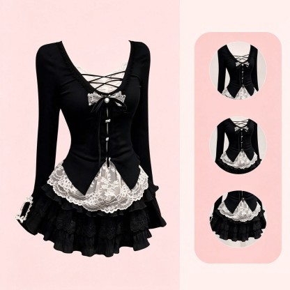 Black Lace Patchwork Bow Long Sleeve Top with Mini Skirt Two Pieces Set - image 2