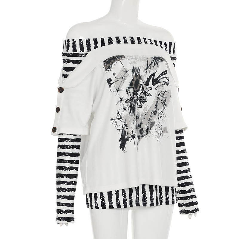 Y2K Graphic Striped Off Shoulder Long Sleeve Top - image 3