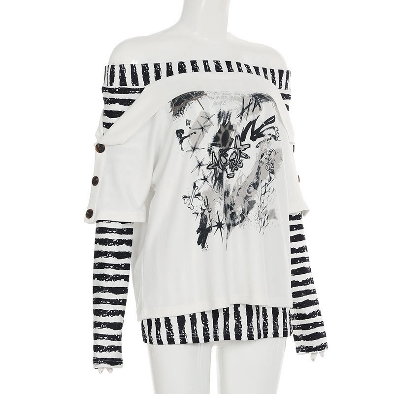 Y2K Graphic Striped Off Shoulder Long Sleeve Top - image 3