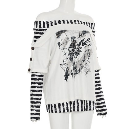 Y2K Graphic Striped Off Shoulder Long Sleeve Top - image 3