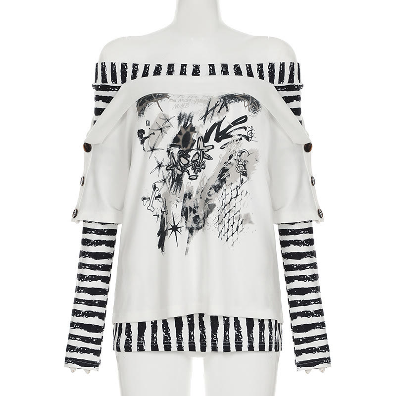 Y2K Graphic Striped Off Shoulder Long Sleeve Top - image 2
