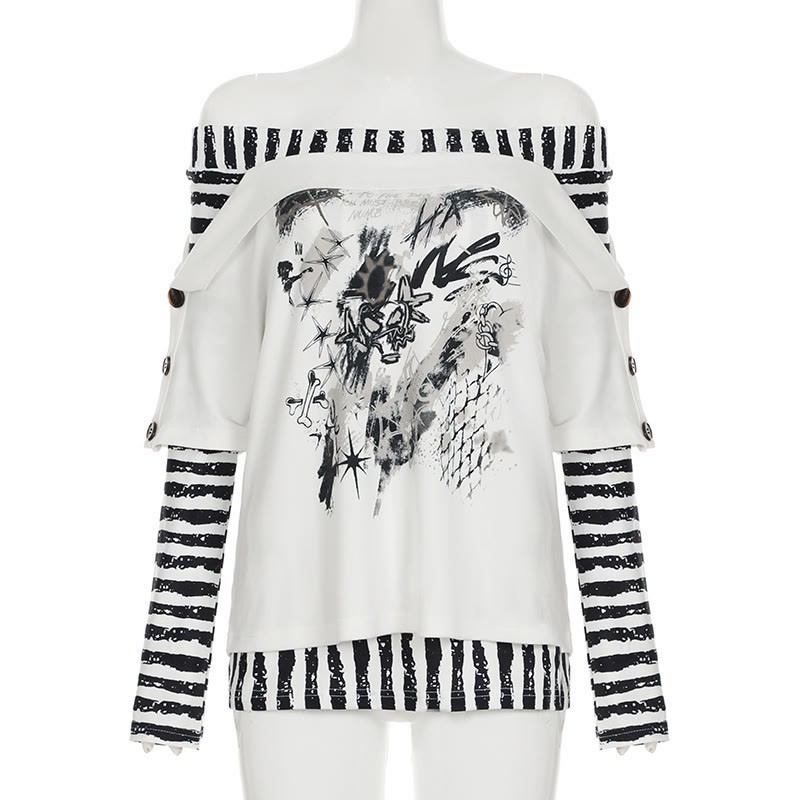 Y2K Graphic Striped Off Shoulder Long Sleeve Top - image 2