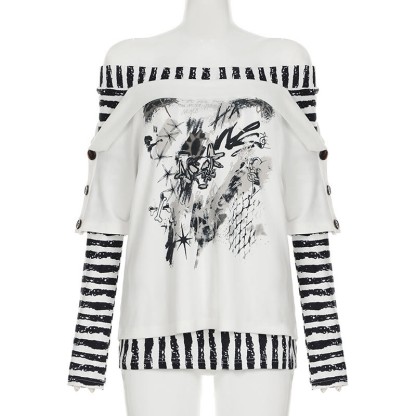 Y2K Graphic Striped Off Shoulder Long Sleeve Top - image 2