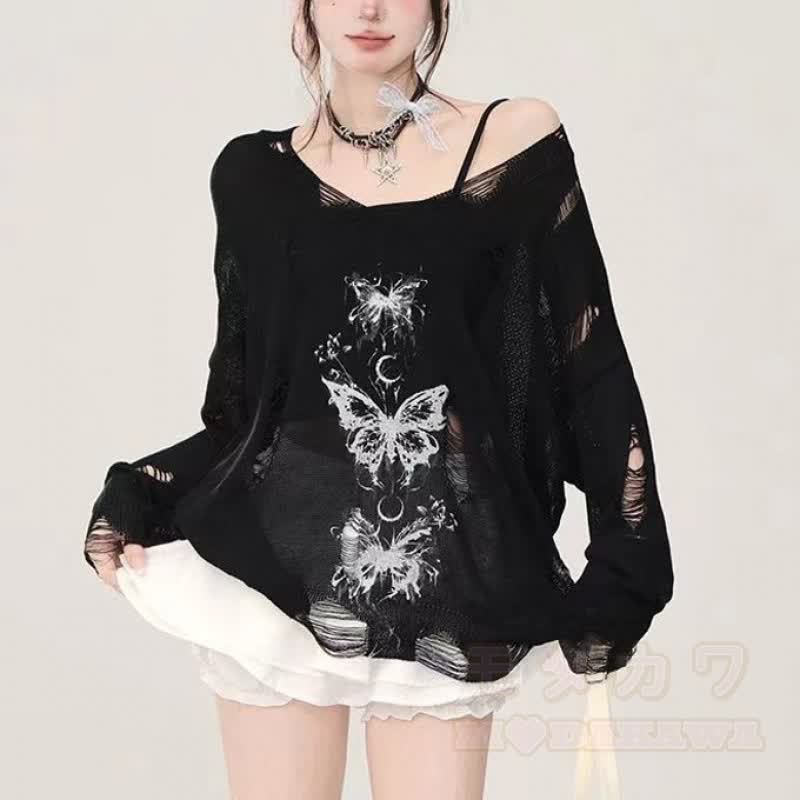 Y2K Gothic Butterfly Print Long Sleeve Top Plaid Irregular Skirt Leg Warmers - Black Top - 3XL - image 8