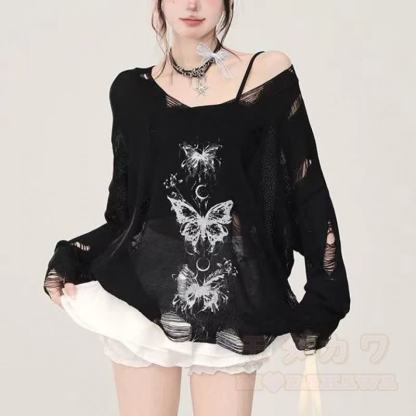 Y2K Gothic Butterfly Print Long Sleeve Top Plaid Irregular Skirt Leg Warmers - Black Top - 3XL - image 8