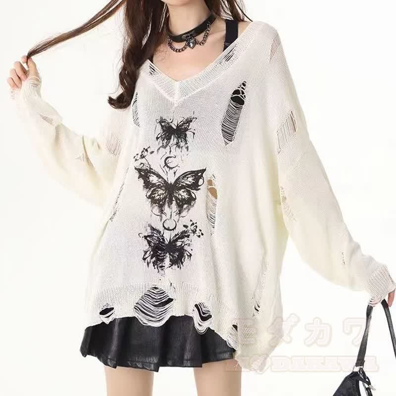 Y2K Gothic Butterfly Print Long Sleeve Top Plaid Irregular Skirt Leg Warmers - image 6