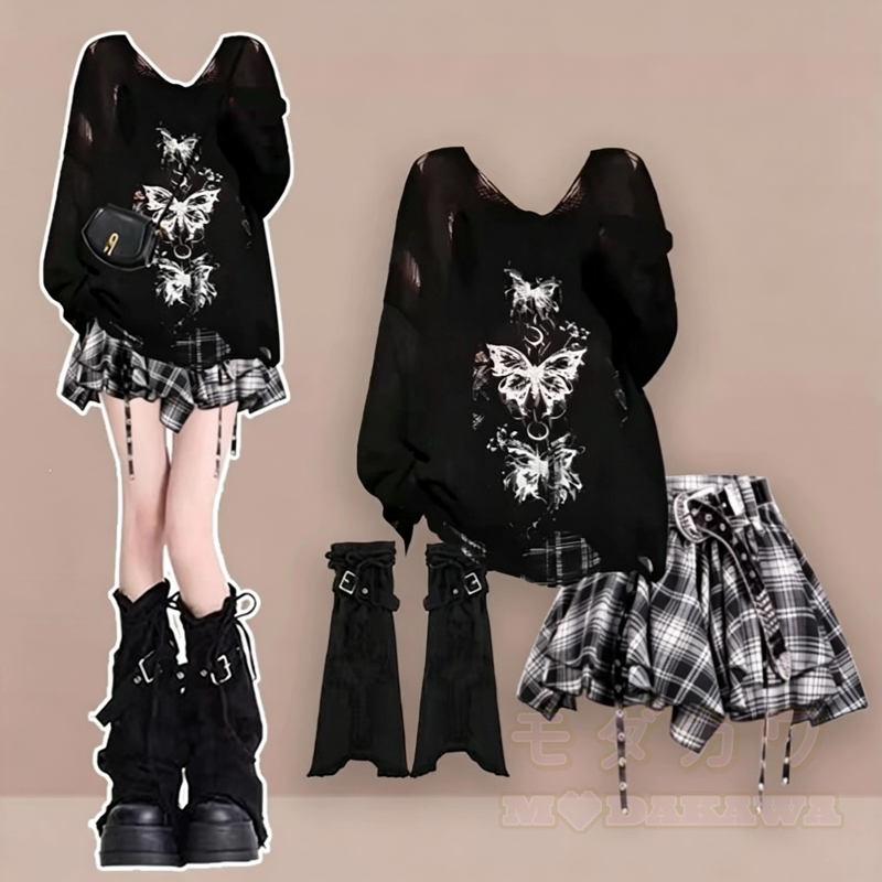 Y2K Gothic Butterfly Print Long Sleeve Top Plaid Irregular Skirt Leg Warmers - image 2