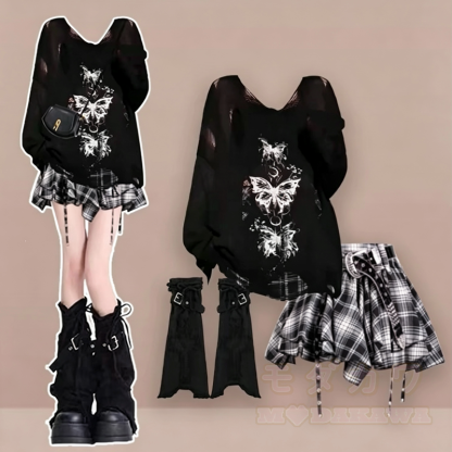 Y2K Gothic Butterfly Print Long Sleeve Top Plaid Irregular Skirt Leg Warmers - image 2