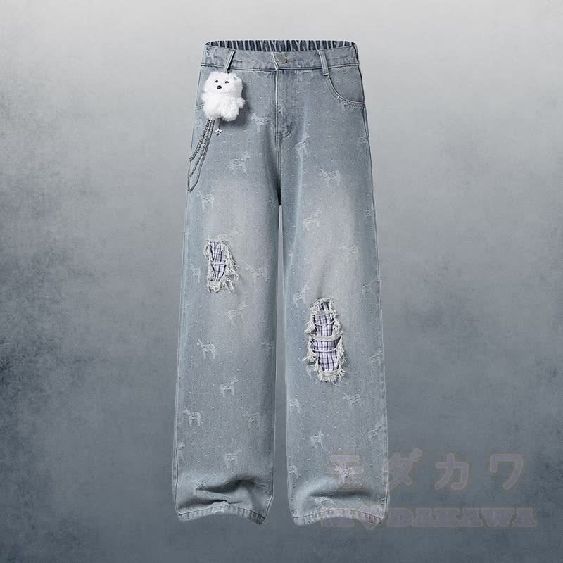 Polka Dot Star Graphic POLO T-shirt 3D Bear Chain Ripped Denim Pants Modakawa Matching Outfit - Blue Pants - XL - image 4