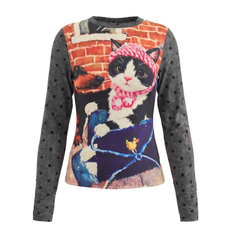 Y2K American Style Vintage Cat Print Polka Dot Long Sleeve T-shirt - Black - L - image 2