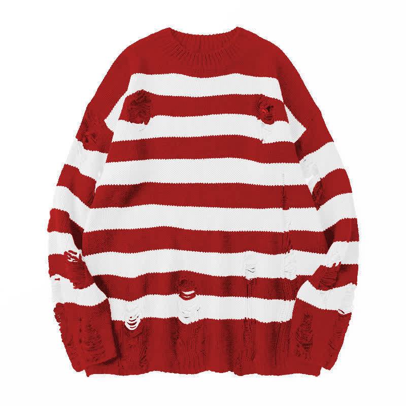 Casual Vintage Ripped Striped Loose Crew Neck Long Sleeve Knit Sweater - Red & White - 3XL - image 6