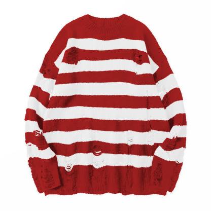  Casual Vintage Ripped Striped Loose Crew Neck Long Sleeve Knit Sweater - Red & White - 3XL - image 6