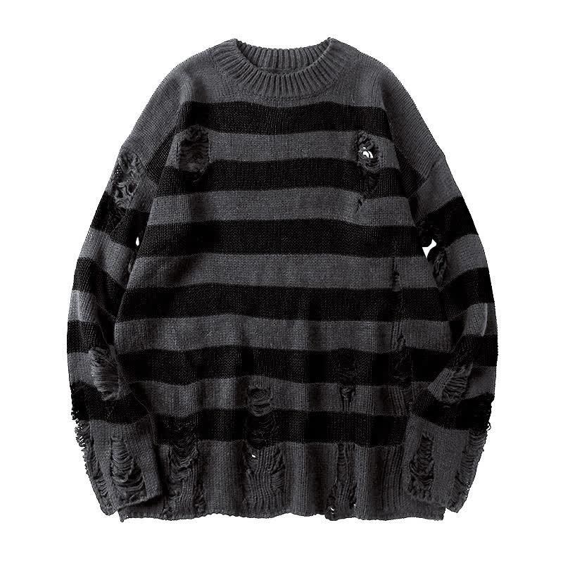  Casual Vintage Ripped Striped Loose Crew Neck Long Sleeve Knit Sweater - Grey Black - 3XL - image 7