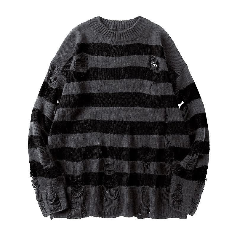  Casual Vintage Ripped Striped Loose Crew Neck Long Sleeve Knit Sweater - Grey Black - 3XL - image 7