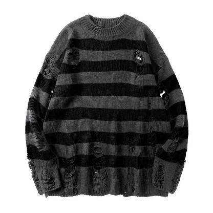  Casual Vintage Ripped Striped Loose Crew Neck Long Sleeve Knit Sweater - Grey Black - 3XL - image 7