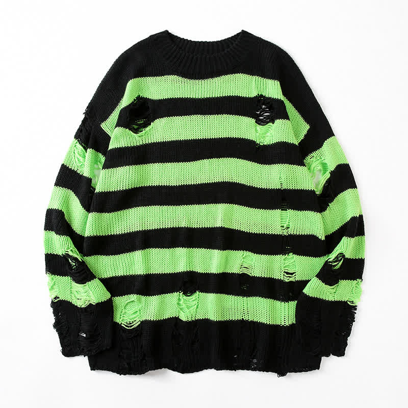  Casual Vintage Ripped Striped Loose Crew Neck Long Sleeve Knit Sweater - Black & Green - 3XL - image 5