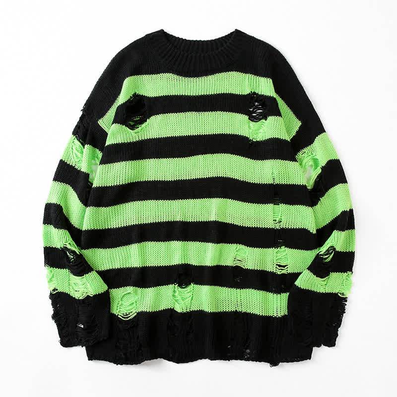  Casual Vintage Ripped Striped Loose Crew Neck Long Sleeve Knit Sweater - Black & Green - 3XL - image 5