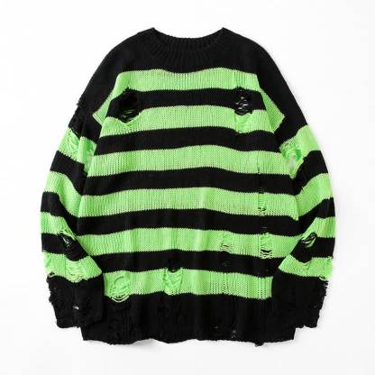  Casual Vintage Ripped Striped Loose Crew Neck Long Sleeve Knit Sweater - Black & Green - 3XL - image 5