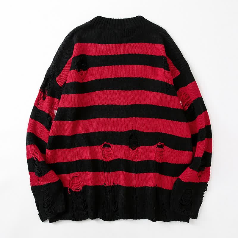  Casual Vintage Ripped Striped Loose Crew Neck Long Sleeve Knit Sweater - Black & Red - 3XL - image 2