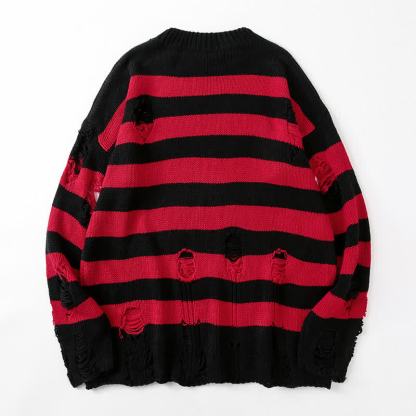  Casual Vintage Ripped Striped Loose Crew Neck Long Sleeve Knit Sweater - Black & Red - 3XL - image 2