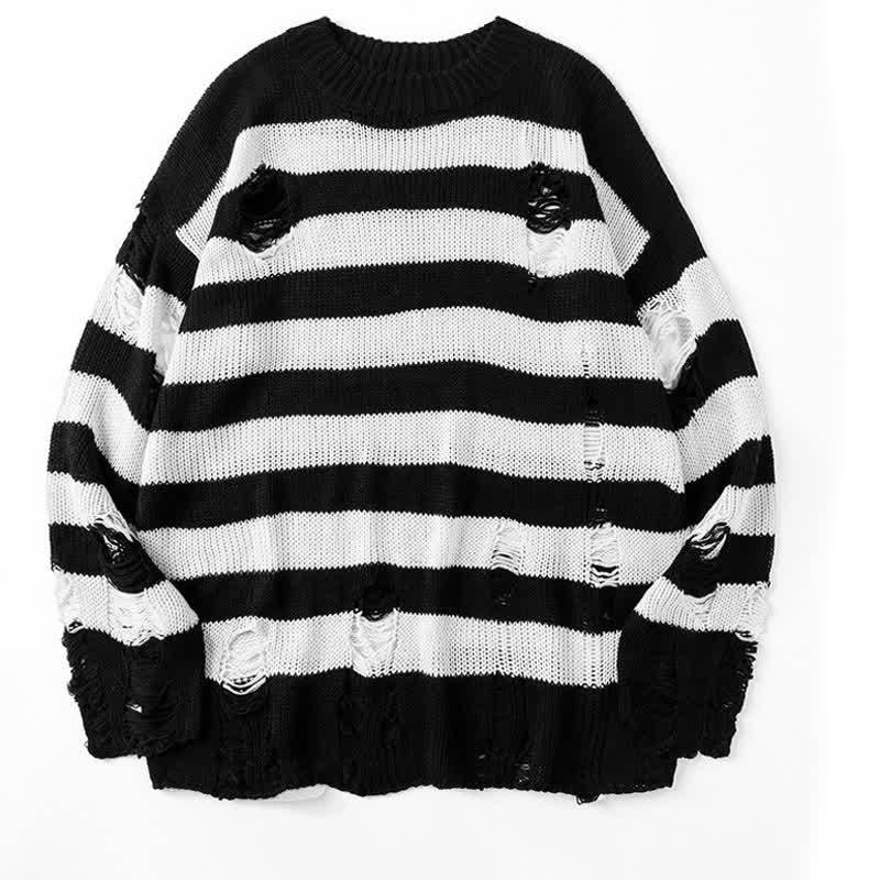  Casual Vintage Ripped Striped Loose Crew Neck Long Sleeve Knit Sweater - Black & White - 3XL - image 3