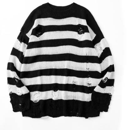  Casual Vintage Ripped Striped Loose Crew Neck Long Sleeve Knit Sweater - Black & White - 3XL - image 3